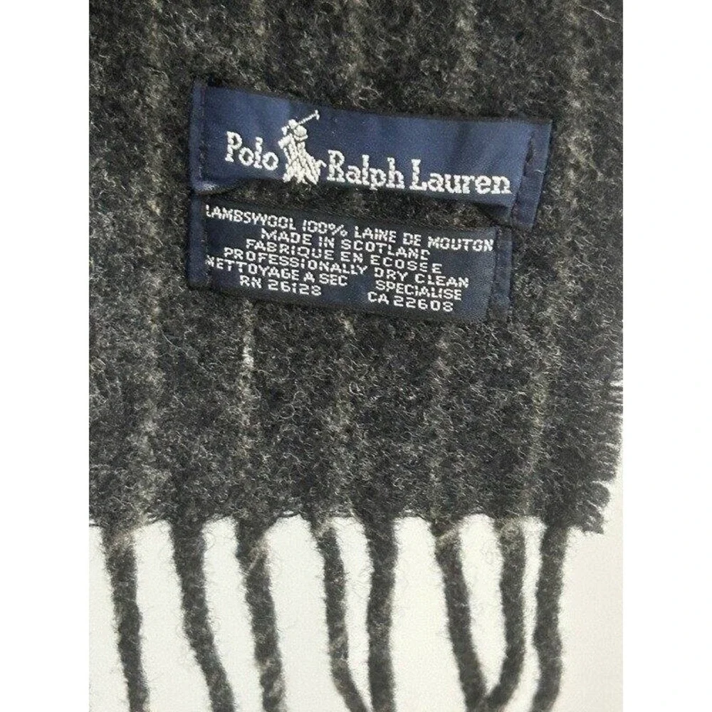 Polo Ralph Lauren 100% Lambswool Charcoal Gray Stripe Fringe Scarf